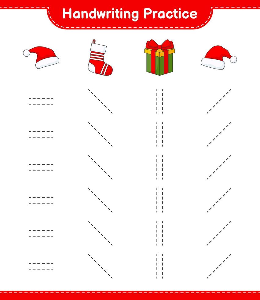 Handwriting practice. Tracing lines of Santa Hat, Gift Box, and Christmas Sock. Educational children game, printable worksheet, vector illustration