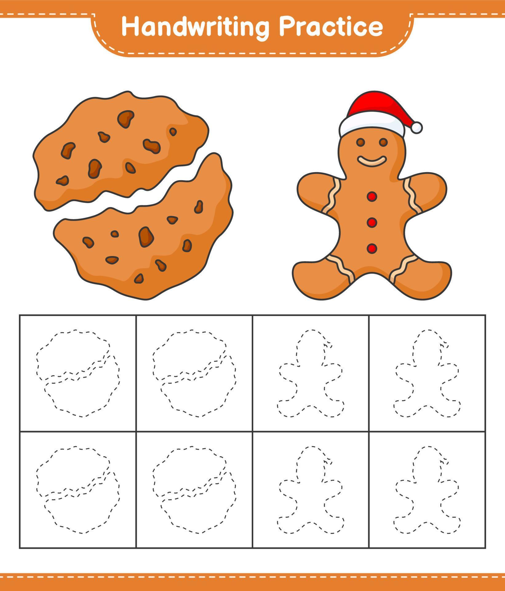 Handwriting practice. Tracing lines of Gingerbread Man and Cookies