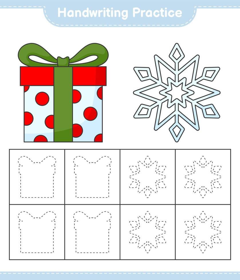 práctica de escritura a mano. trazando líneas de copo de nieve y caja de regalo. juego educativo para niños, hoja de cálculo imprimible, ilustración vectorial vector