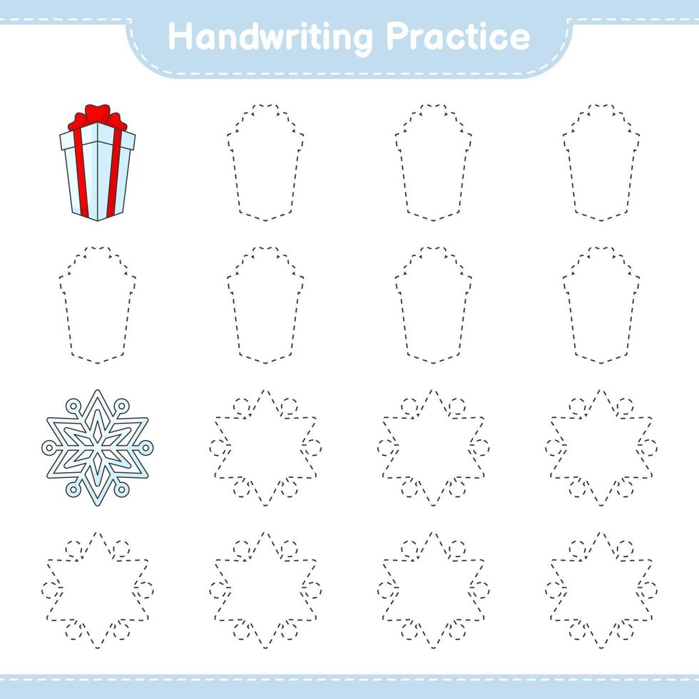 Handwriting practice. Tracing lines of Snowflake and Gift Box. Educational children game, printable worksheet, vector illustration