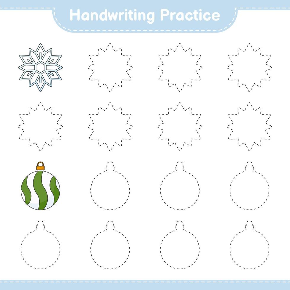 Handwriting practice. Tracing lines of Snowflake and Christmas Ball. Educational children game, printable worksheet, vector illustration