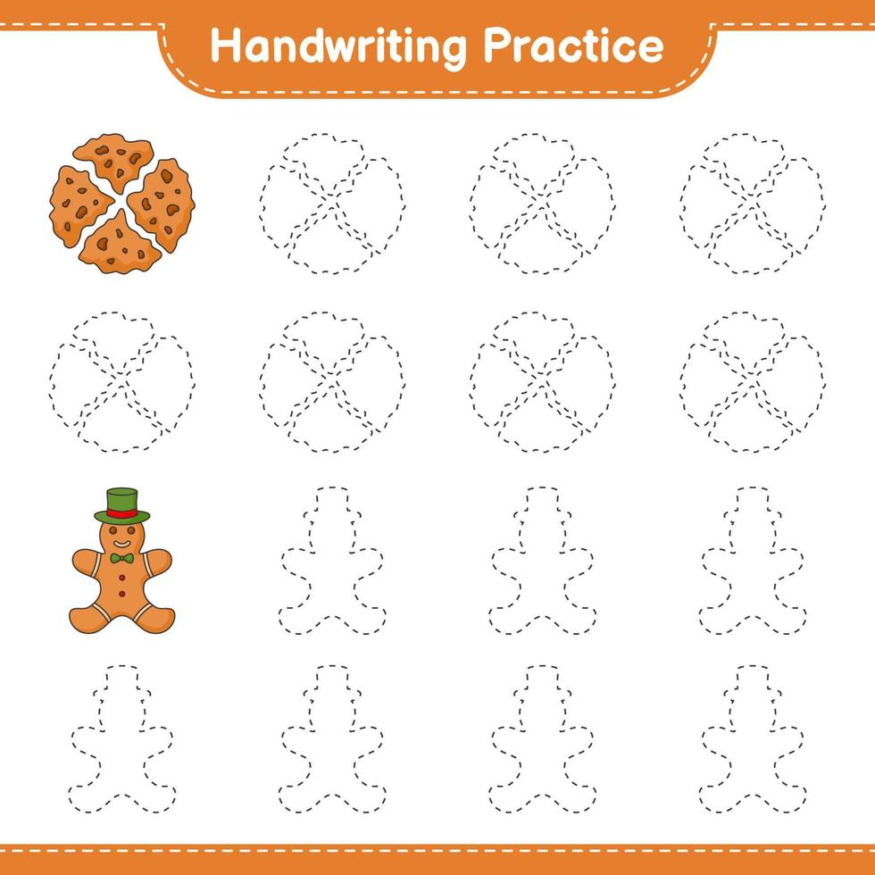 Handwriting practice. Tracing lines of Gingerbread Man and Cookies. Educational children game, printable worksheet, vector illustration