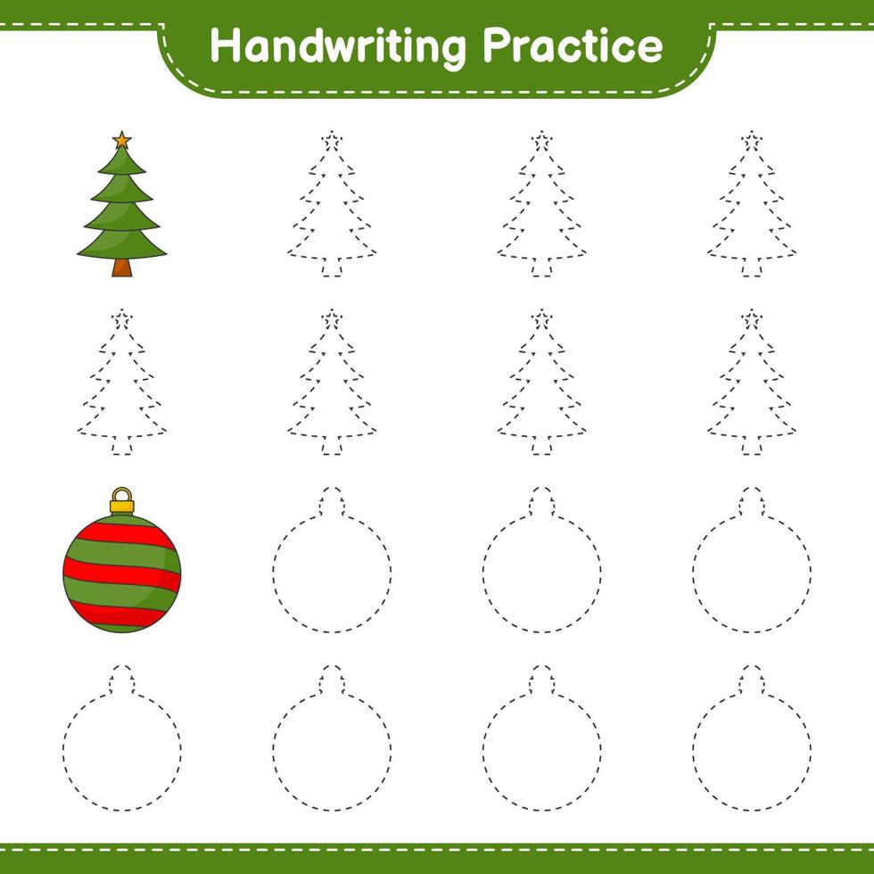 Handwriting practice. Tracing lines of Christmas Tree and Christmas Ball. Educational children game, printable worksheet, vector illustration