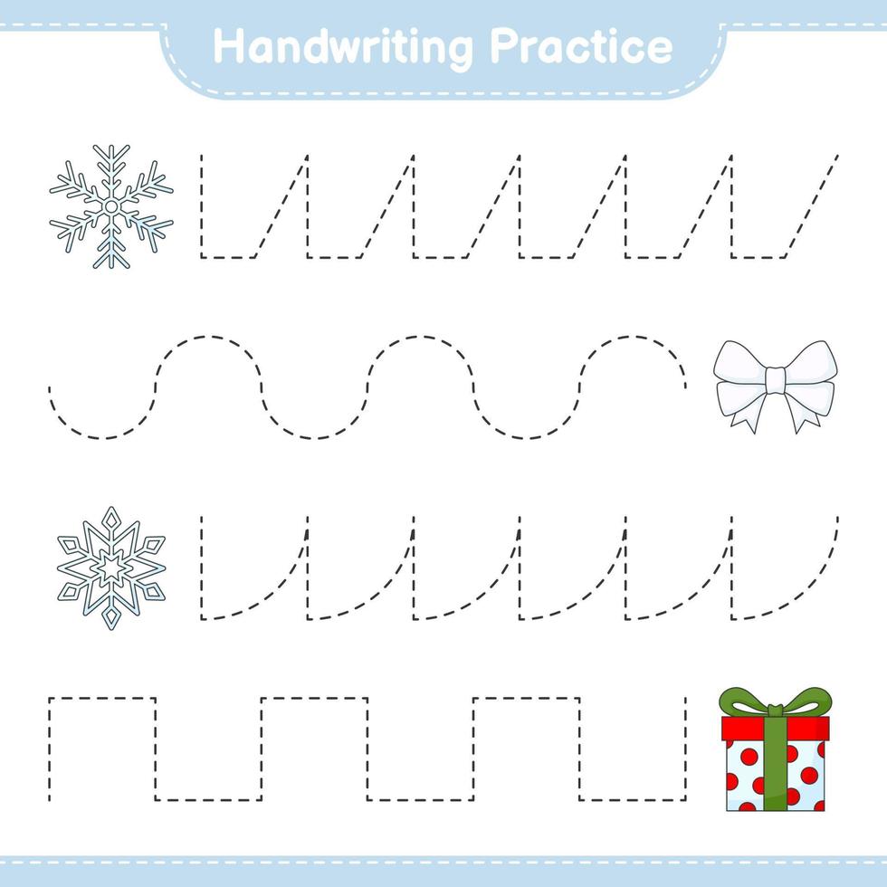 Handwriting practice. Tracing lines of Ribbon, Snowflake, and Gift Box. Educational children game, printable worksheet, vector illustration