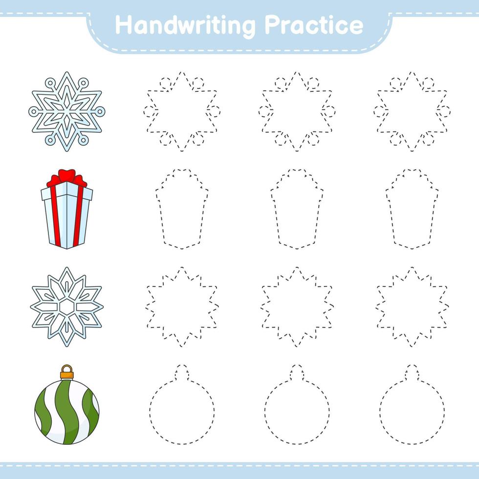 Handwriting practice. Tracing lines of Snowflake, Christmas Ball, and Gift Box. Educational children game, printable worksheet, vector illustration