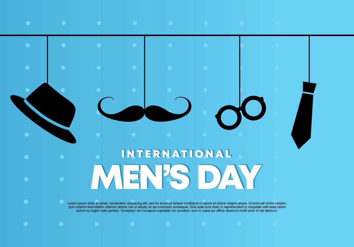 Men day background with hanging moustache, glasses, tie and hat vector