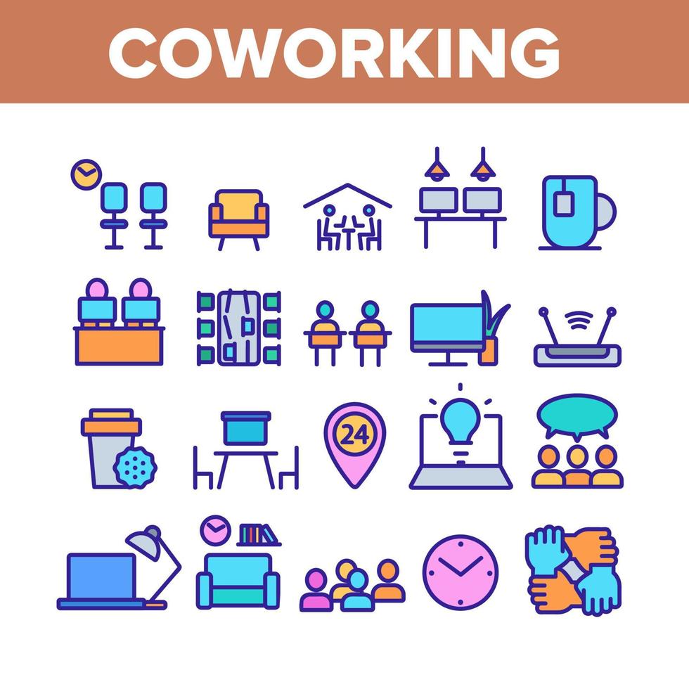 Coworking Color Elements Icons Set Vector