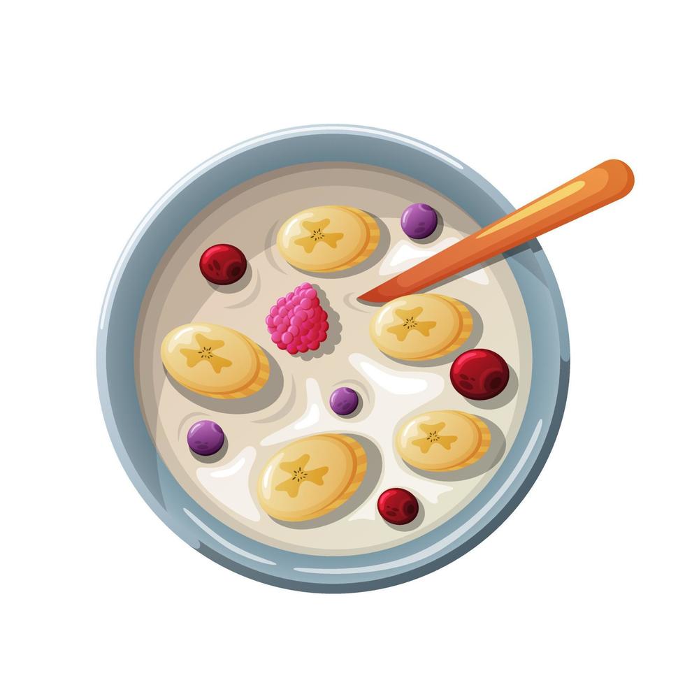 Cartoon porridge with bananas and berries. vector