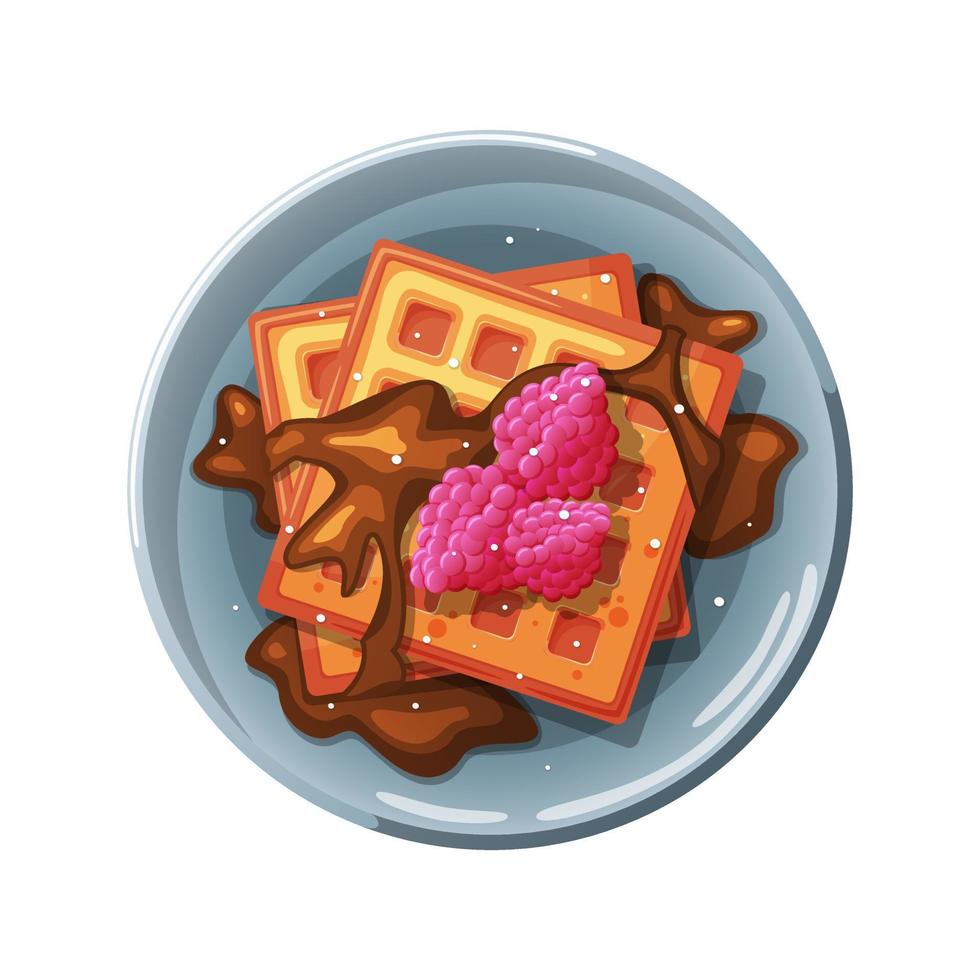 Cartoon waffles with chocolate and raspberries. vector