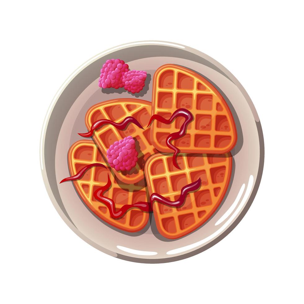 Cartoon triangular waffles with raspberries and jam. vector