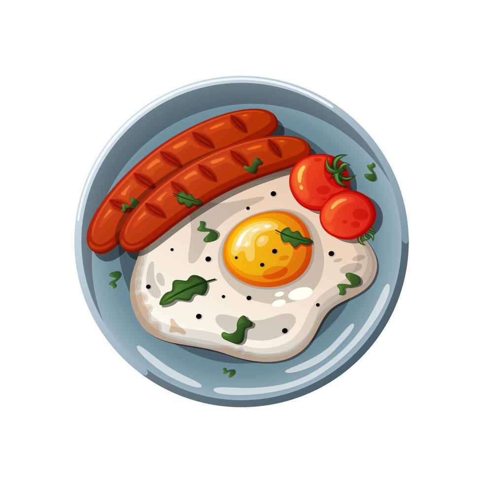 Fried egg with sausages and tomatoes vector