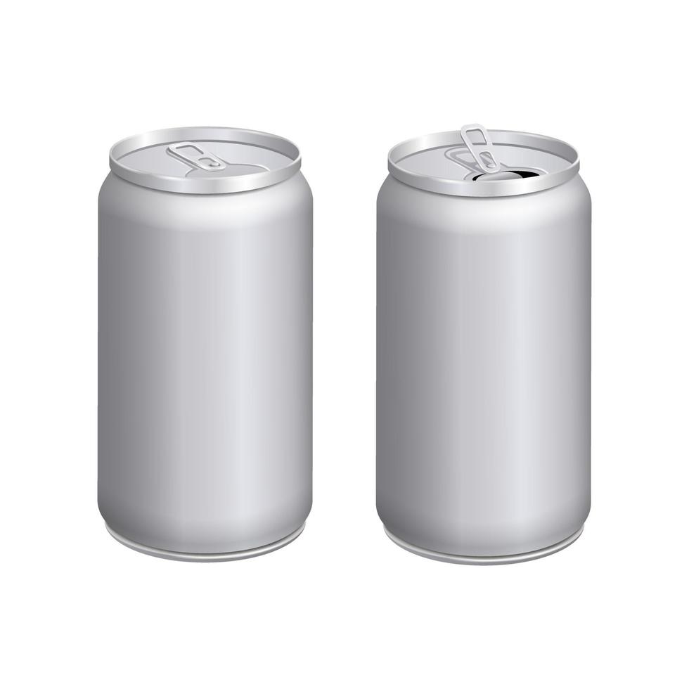 Empty mock up realistic aluminium containers. Open and closed cans. vector