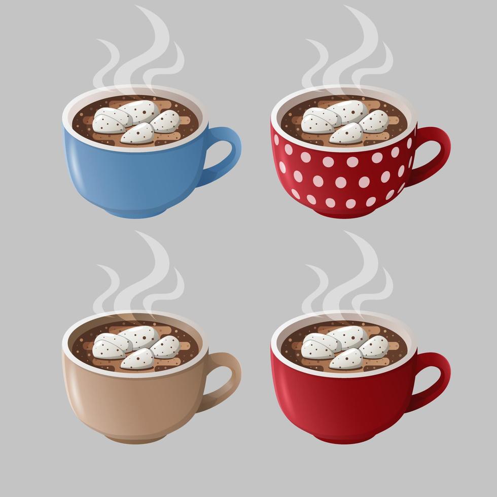 Isolated cocoa cups on a white background. Colorful cups with hot chocolate and marshmallows. vector