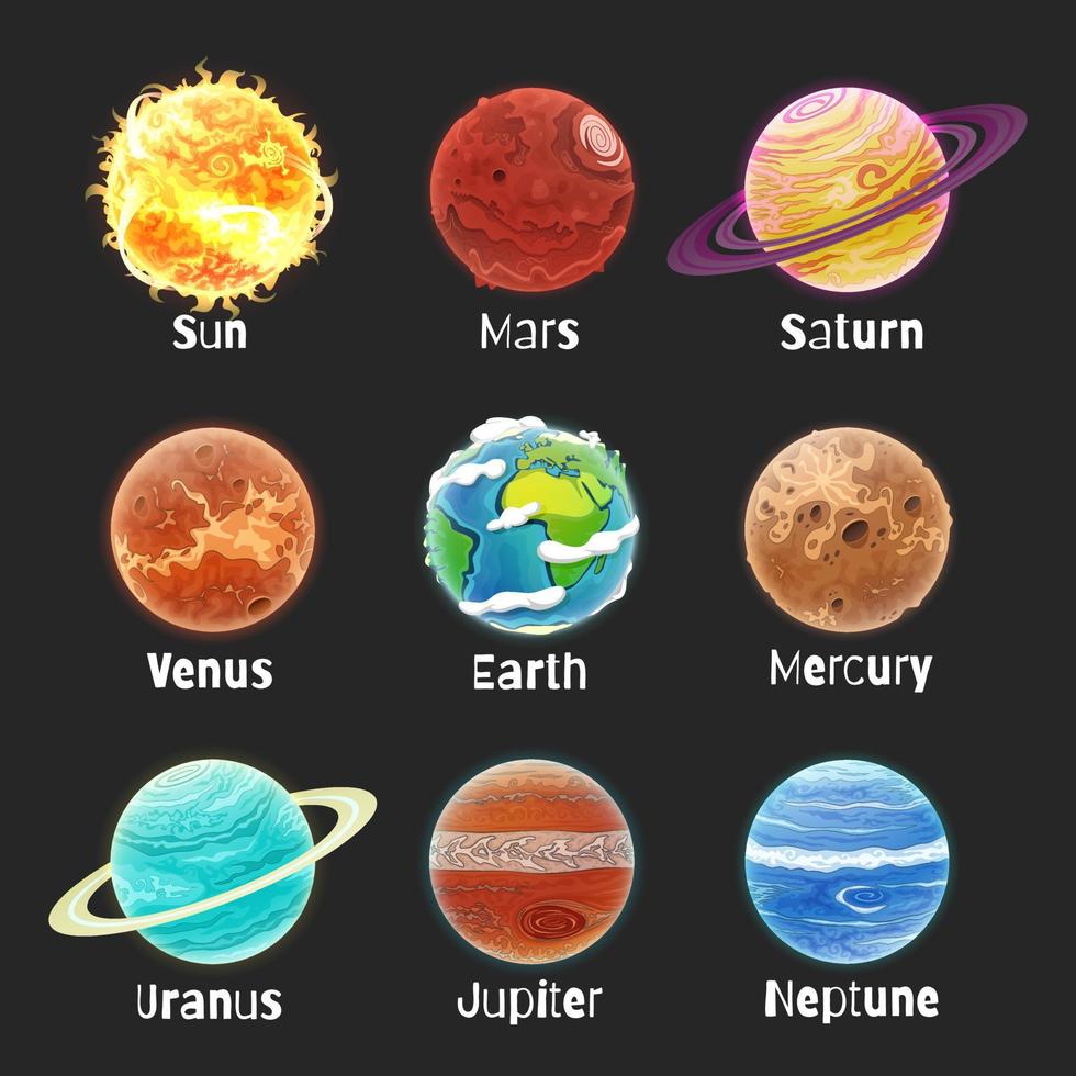 Set of cartoon planets. The solar system. vector