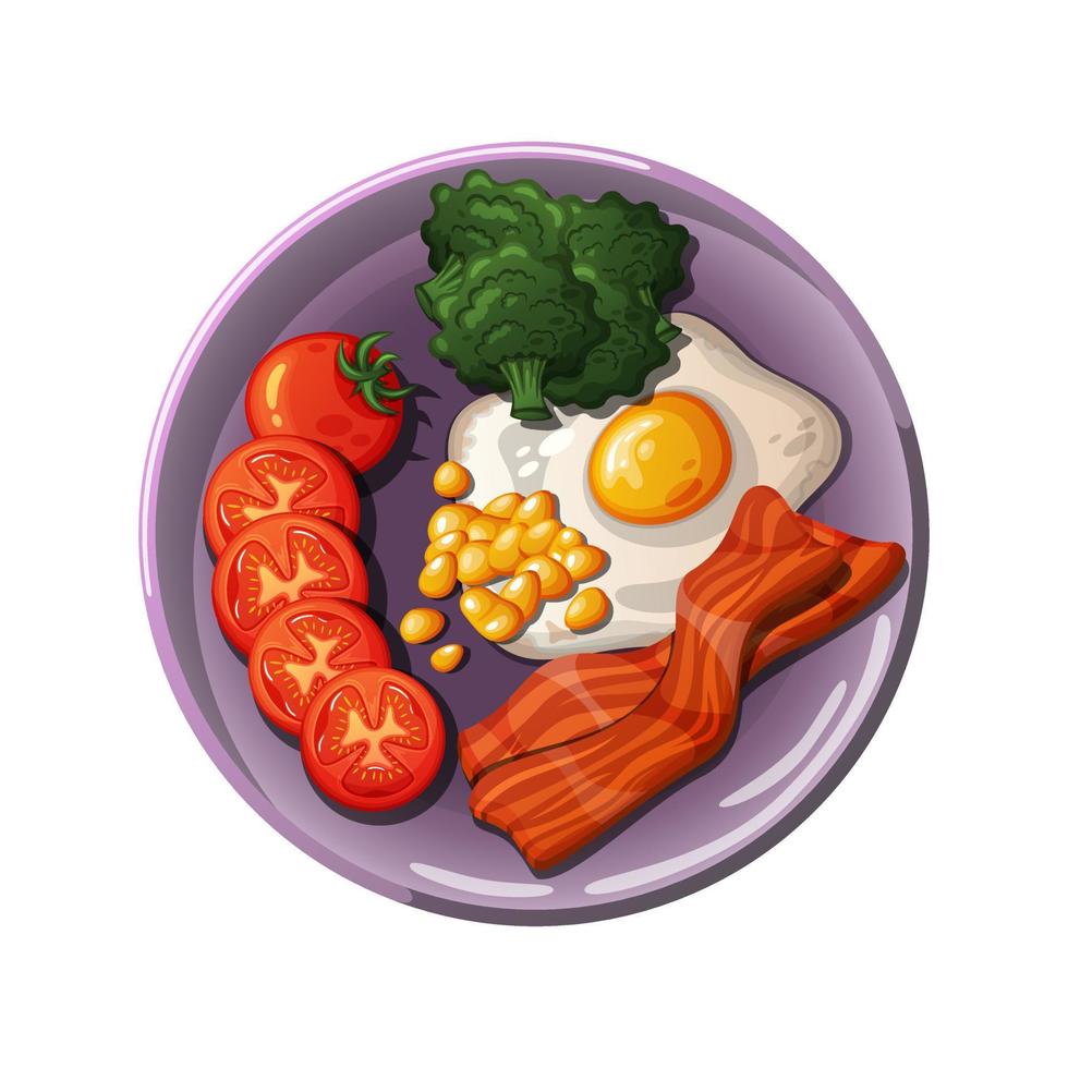 desayuno de dibujos animados. tocino, tomates, brócoli, huevo frito, maíz. vector