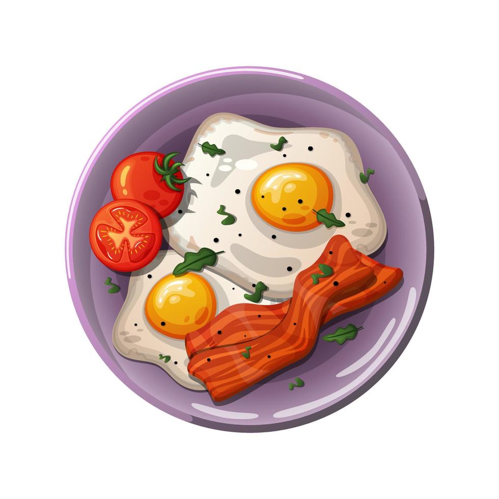 dibujos animados de huevos revueltos con tocino y tomates. vector