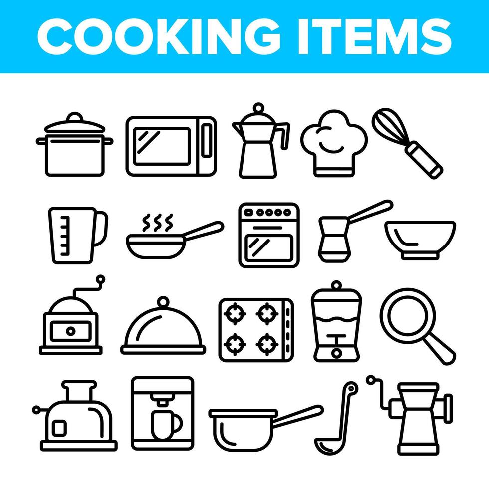 Cooking Items Vector Thin Line Icons Set