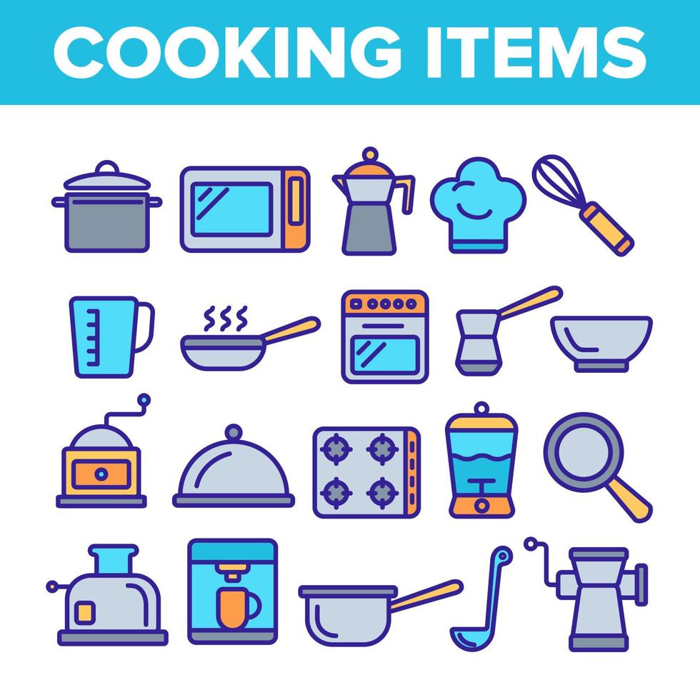 Cooking Items Vector Thin Line Icons Set