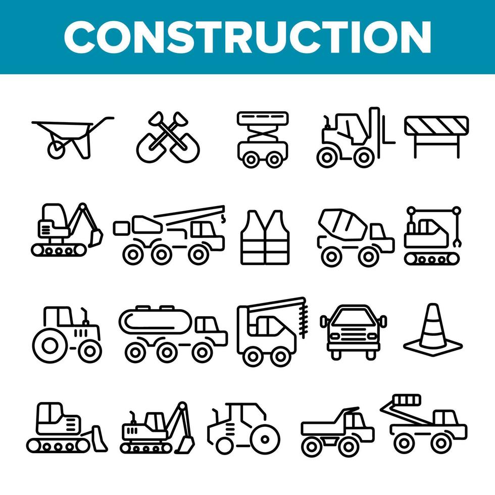 Construction Work Elements Linear Vector Icons Set