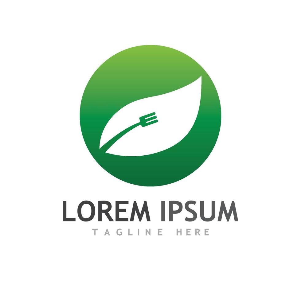 Health food logo, with leaves, spoon and fork. vector
