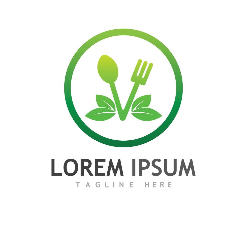 Health food logo, with leaves, spoon and fork. vector