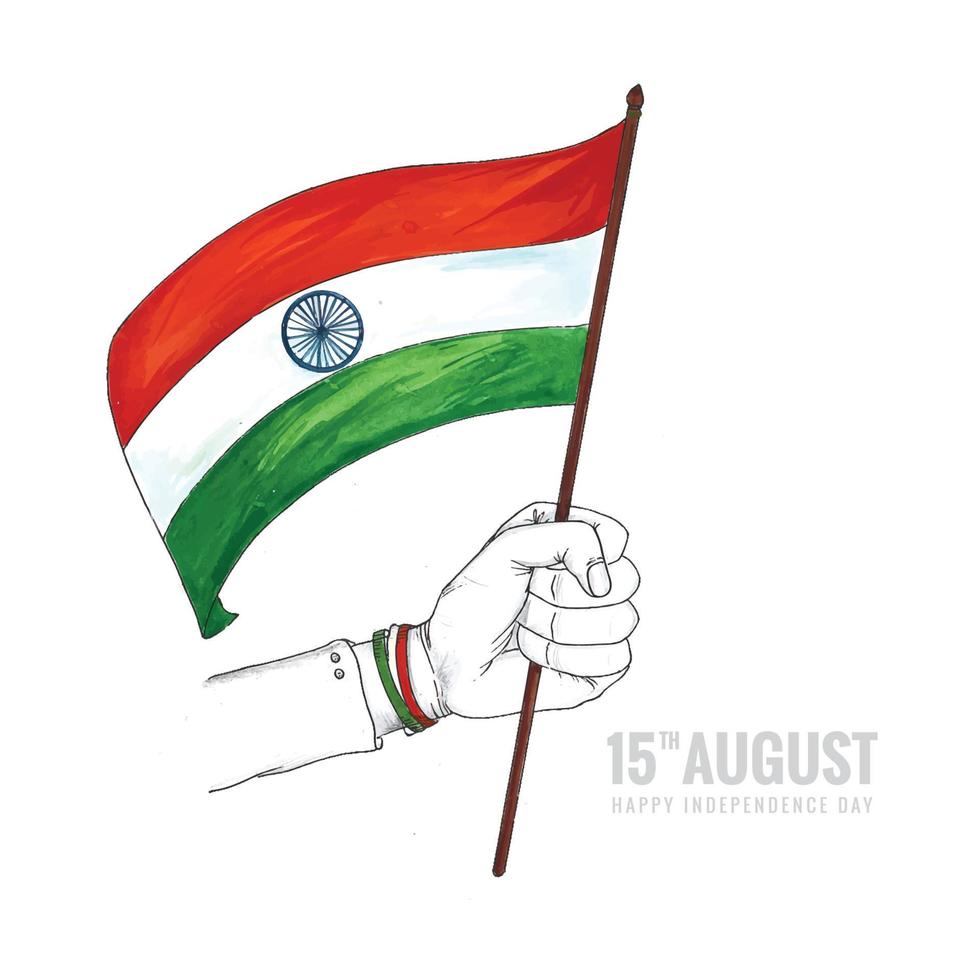 Hand draw sketch hand holding indian flag card background vector