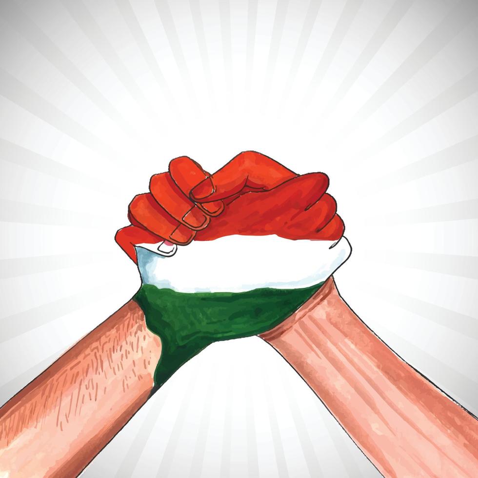 Hand draw watercolor hand holding indian flag card background vector