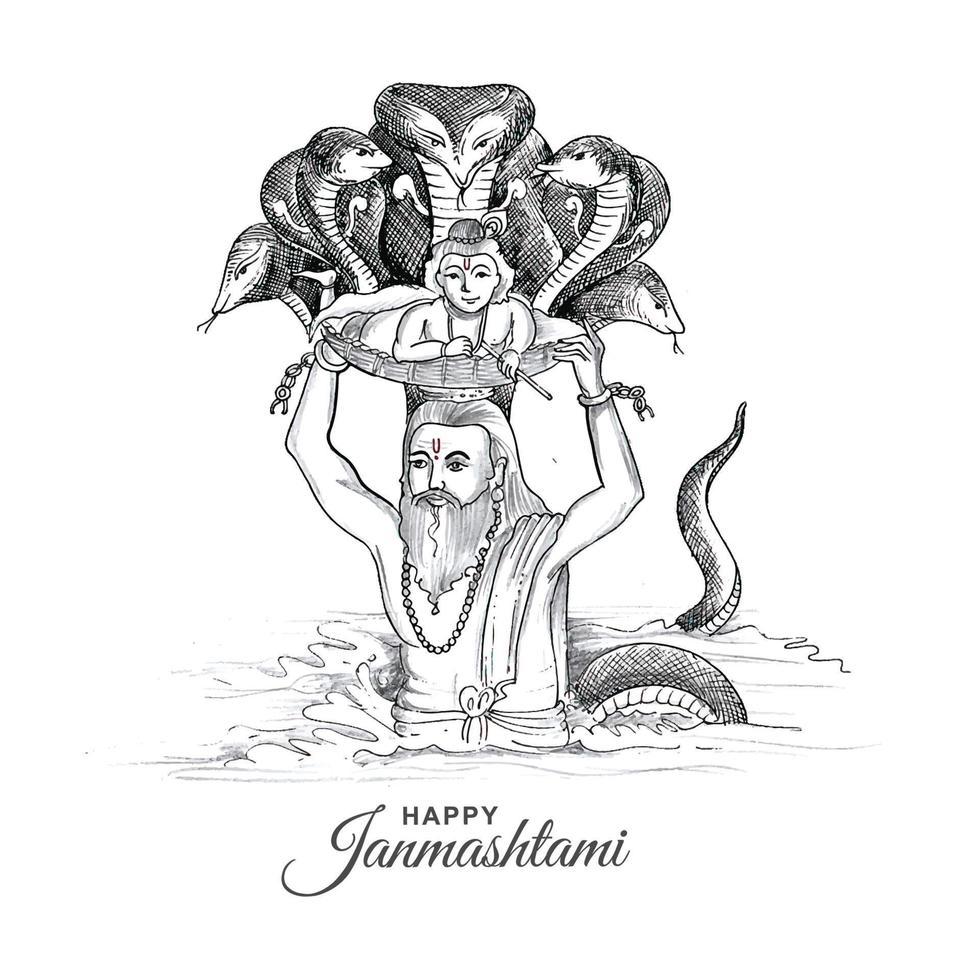 Hand draw sketch lord krishna in happy janmashtami card background vector