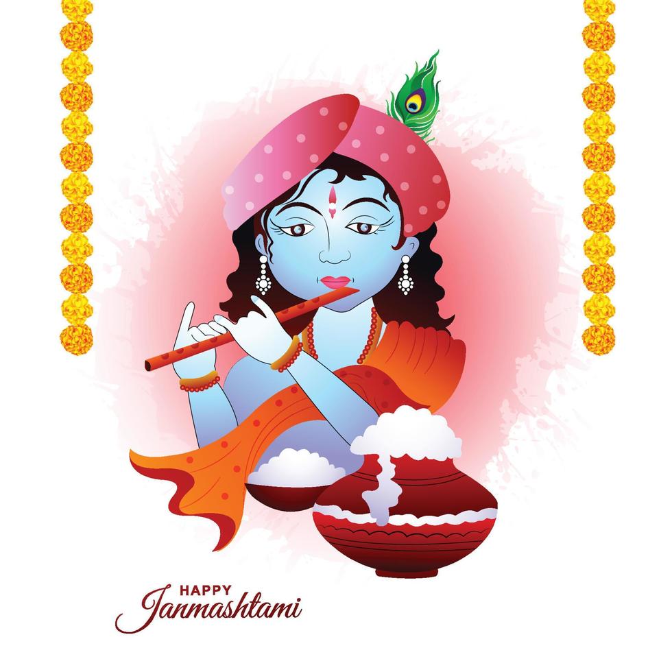 Happy janmashtami festival of india lord krishna playing bansuri background vector
