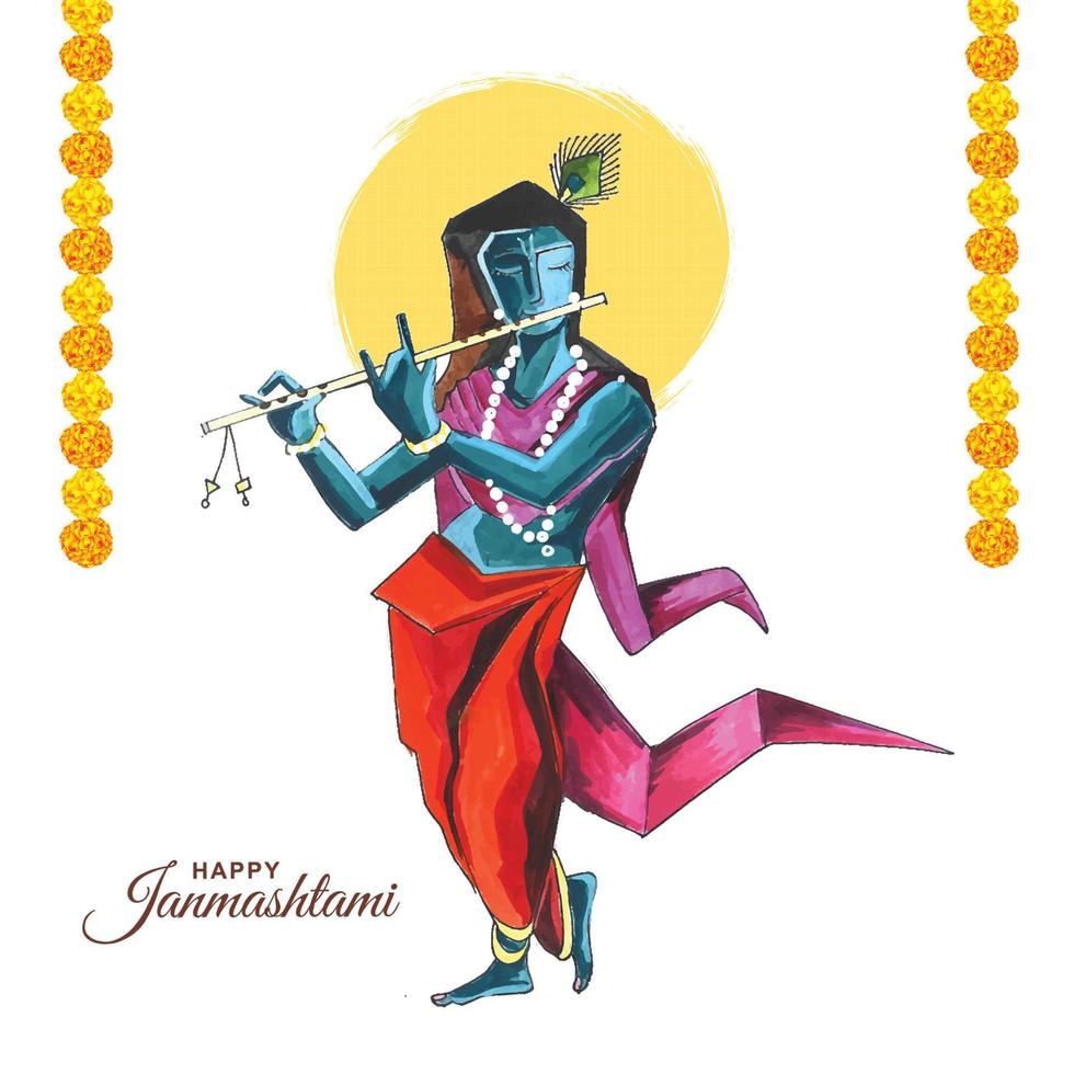 lord krishna tocando la flauta en el feliz fondo de la tarjeta del festival navideño janmashtami vector