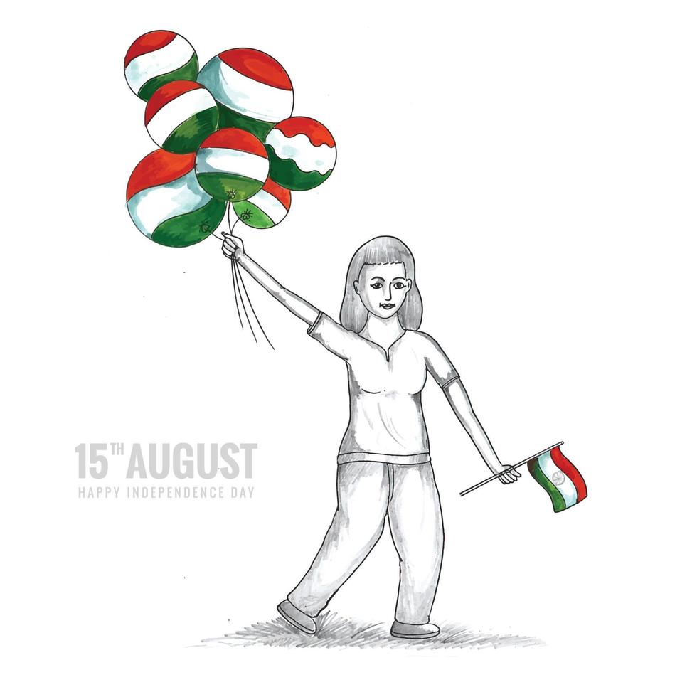 Hand draw sketch women hand holding indian flag card background vector