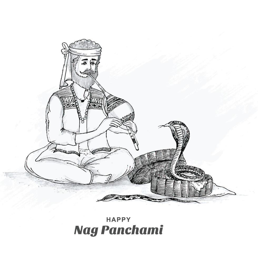 Hand draw sketch happy naag panchami card background vector