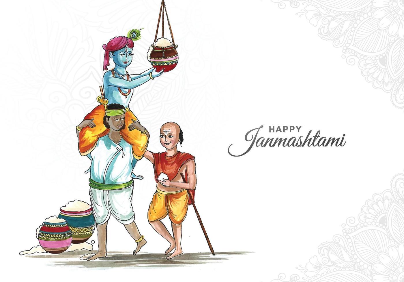 Lord shri krishana in happy janmashtami festival card background vector