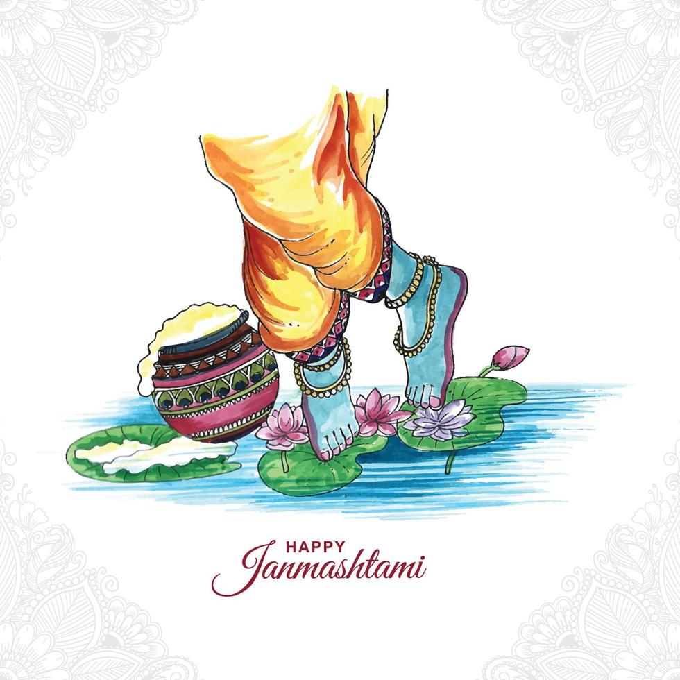 Hand draw watercolor of feet of  lord krishna in happy janmashtami festival card design vector