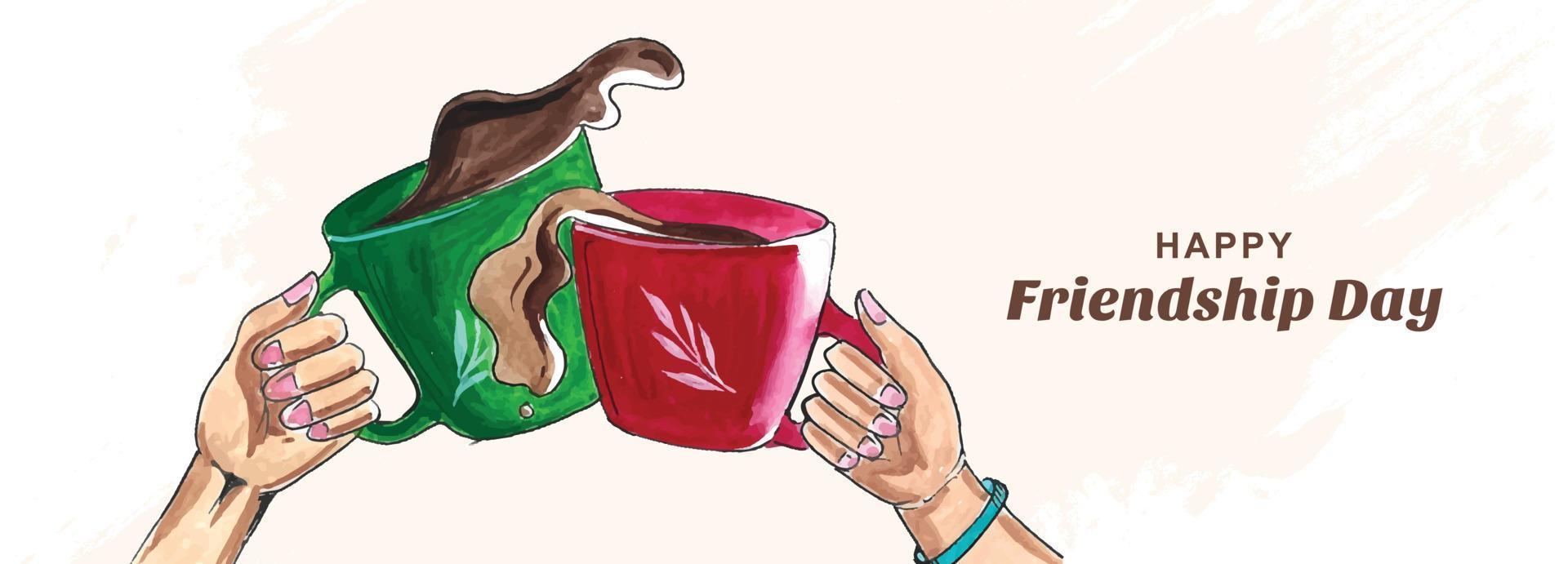 Friendship day background with coffee cup watercolor banner design vector