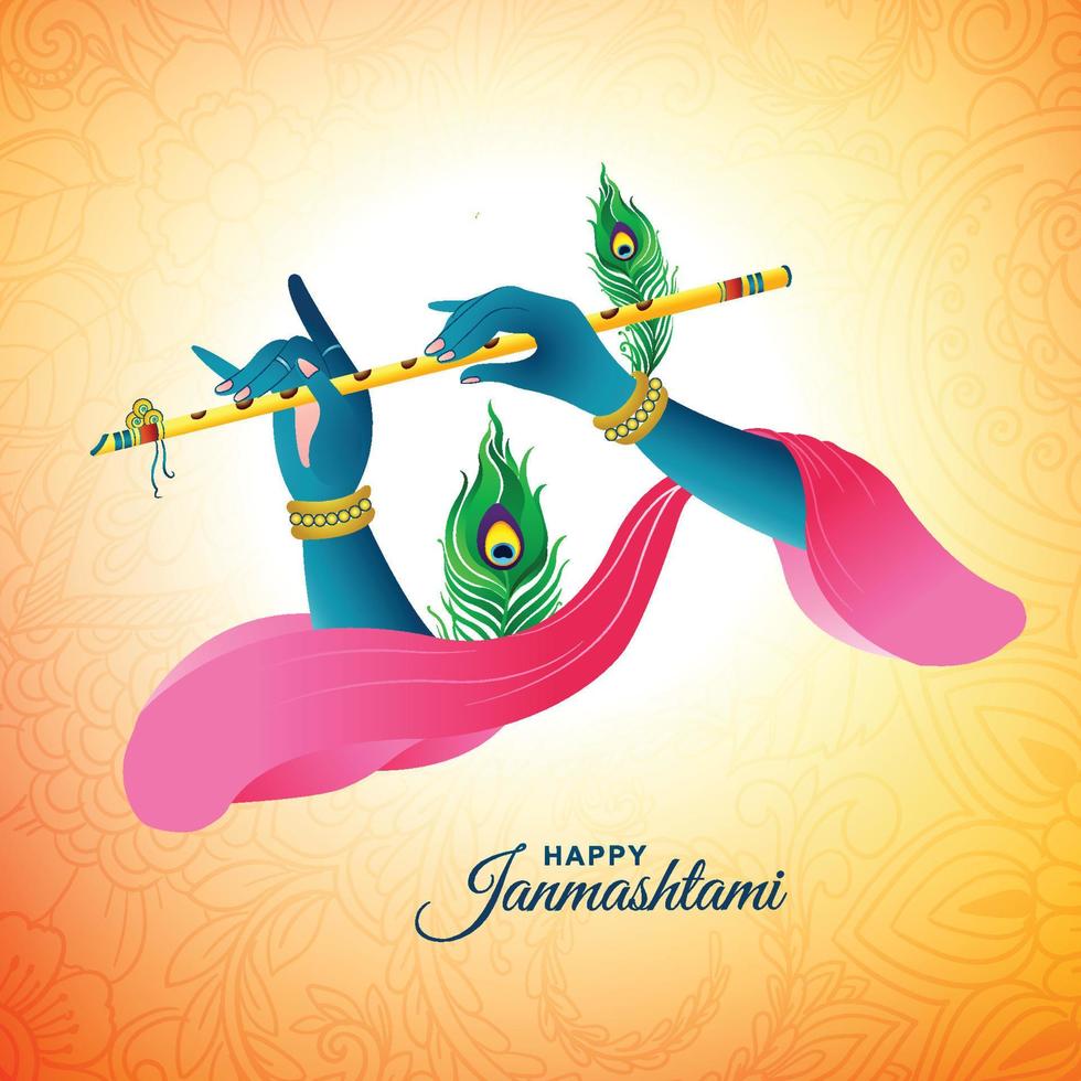 hermosa janmashtami feliz con la mano de lord krishna jugando el diseño de la tarjeta bansuri vector