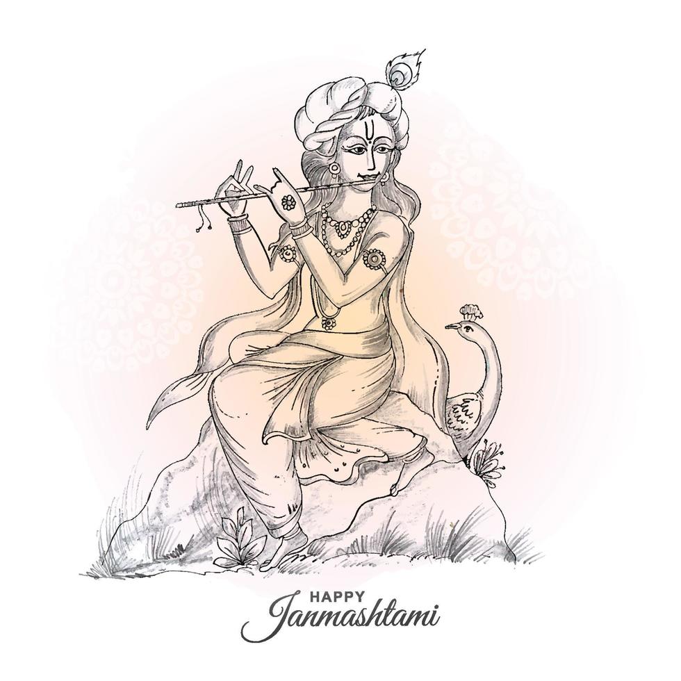 Hand draw sketch lord krishna in happy janmashtami festival card background vector