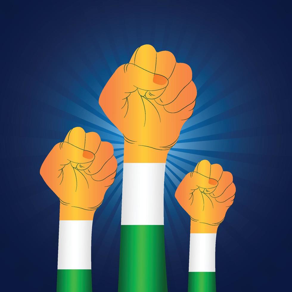 Hand draw illustration hand holding indian flag card blue background vector