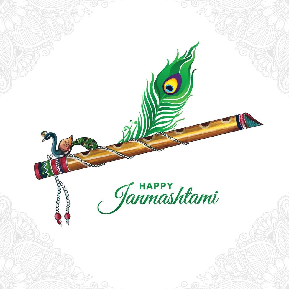 hermosa flauta de lord krishna y pluma de pavo real para el fondo de la tarjeta del festival janmashtami vector