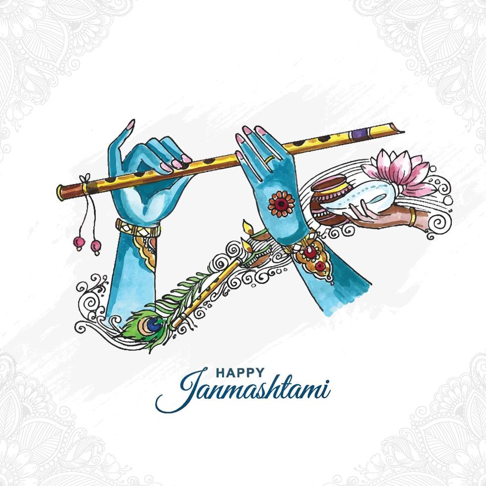 Lord Krishna playing bansuri happy janmashtami holiday artistic background vector