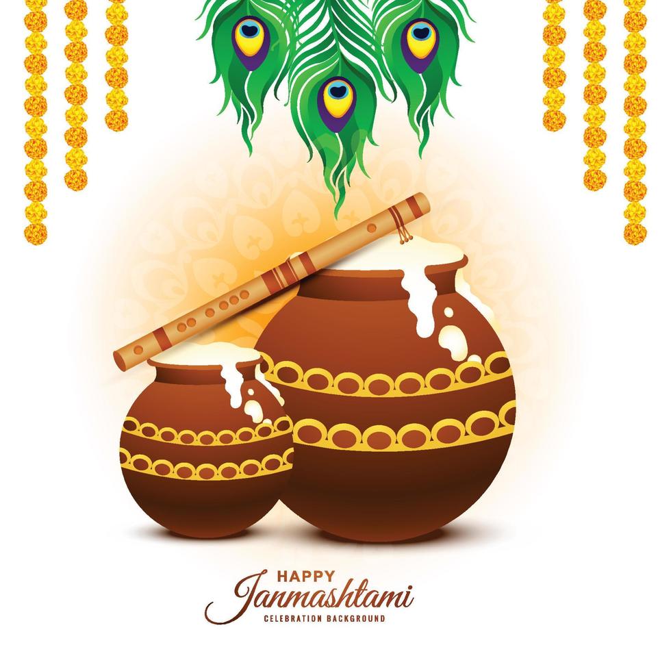 Lord Krishna dahi handi in happy janmashtami festival card background vector