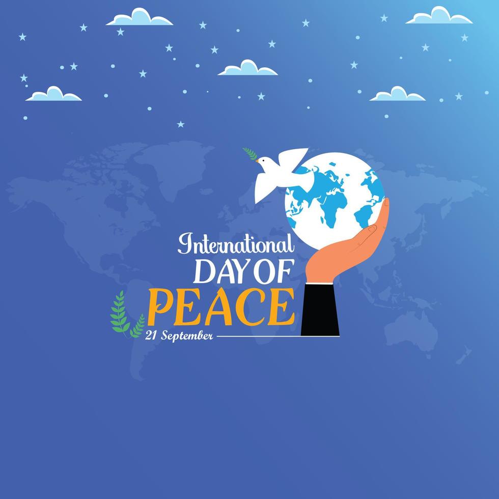 International day of peace banner poster with white bird and olive branch in clear blue sky, vector illustration