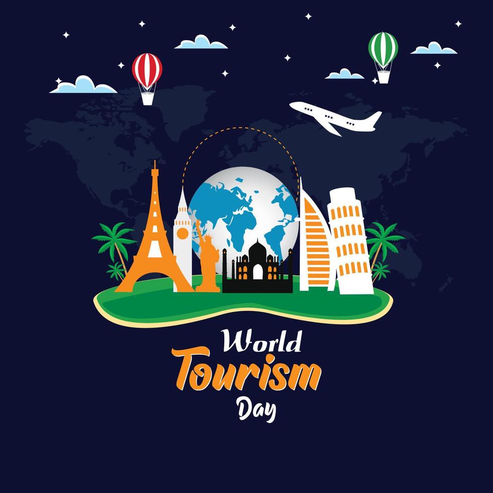 World Tourism Day. 27 September. Vector illustration for travel design. Famous country symbol icon. Tourism city place culture architecture. USA, Russia, London, Paris, Australia.