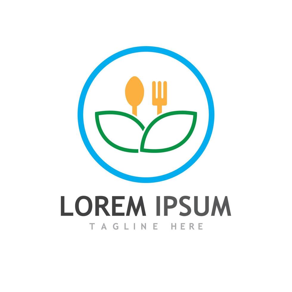 Health food logo, with leaves, spoon and fork. vector