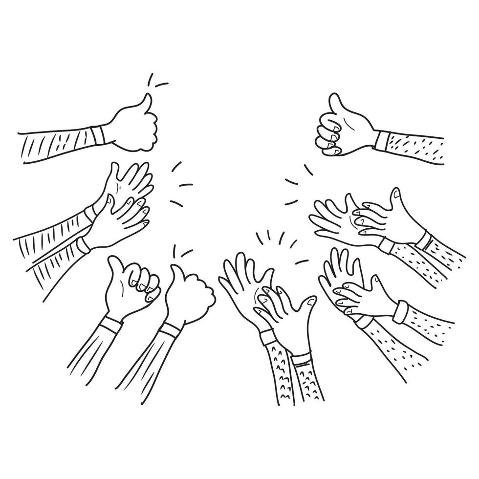 hand drawn of hands clapping ovation. applause, thumbs up gesture on doodle style , vector illustration