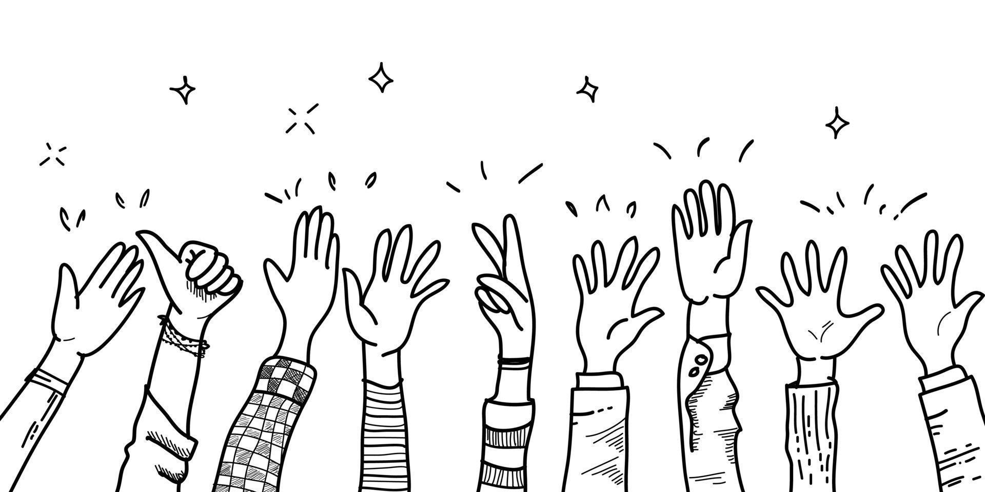 hand drawn of hands up, clapping ovation. applause, thumbs up gesture on doodle style , vector illustration