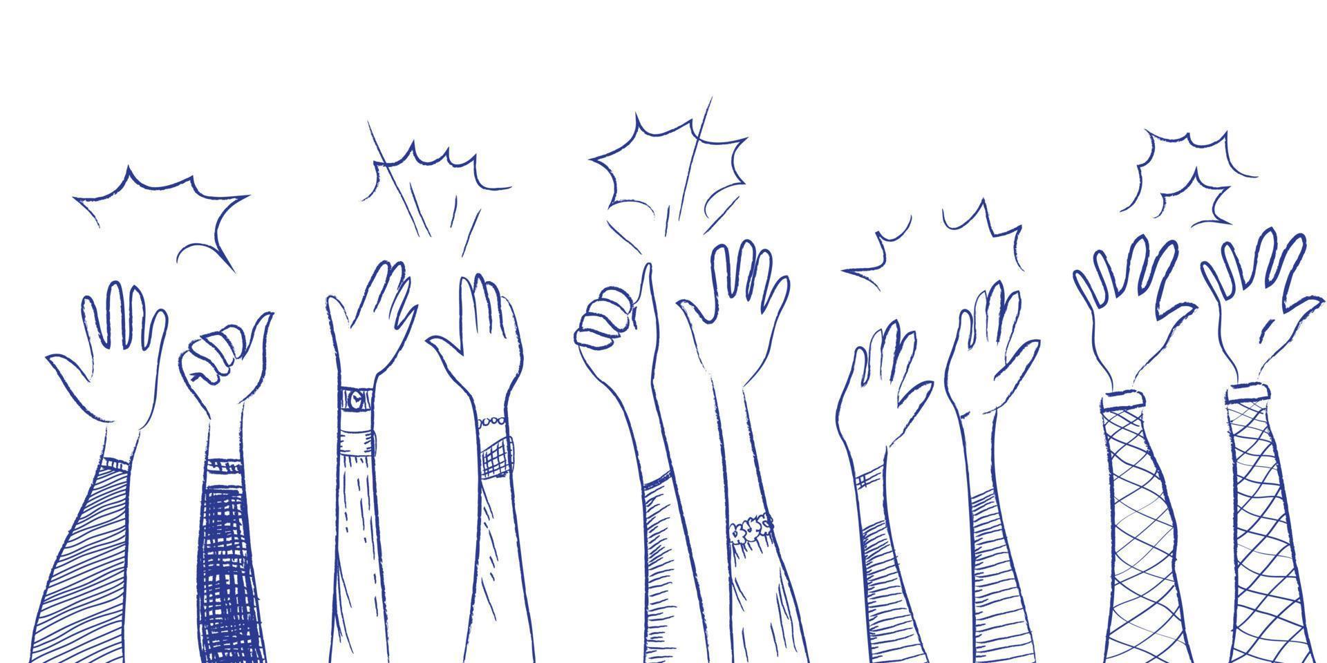 hand drawn of hands up, clapping ovation. applause, thumbs up gesture on doodle comic style, vector illustration