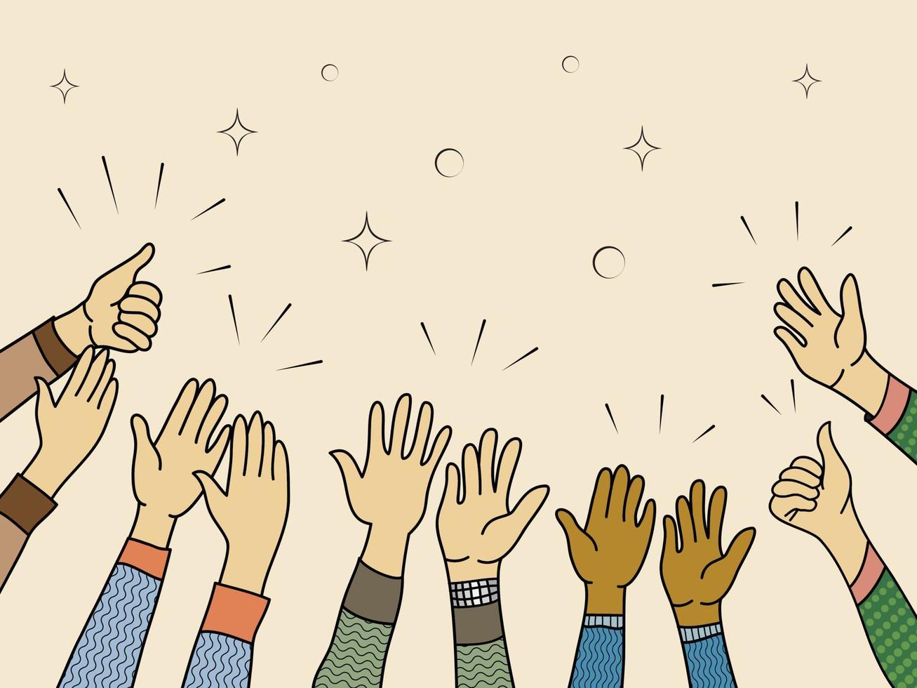 hand drawn of hands up, clapping ovation. applause, thumbs up gesture on doodle comic style, vector illustration