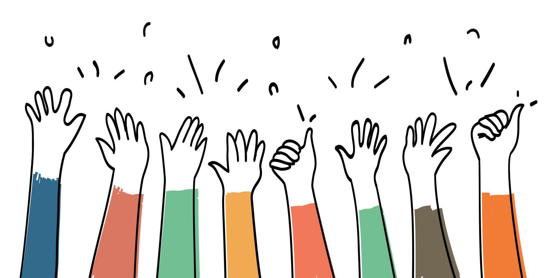 hand drawn of hands up, clapping ovation. applause, thumbs up gesture on doodle comic style, vector illustration for children theme