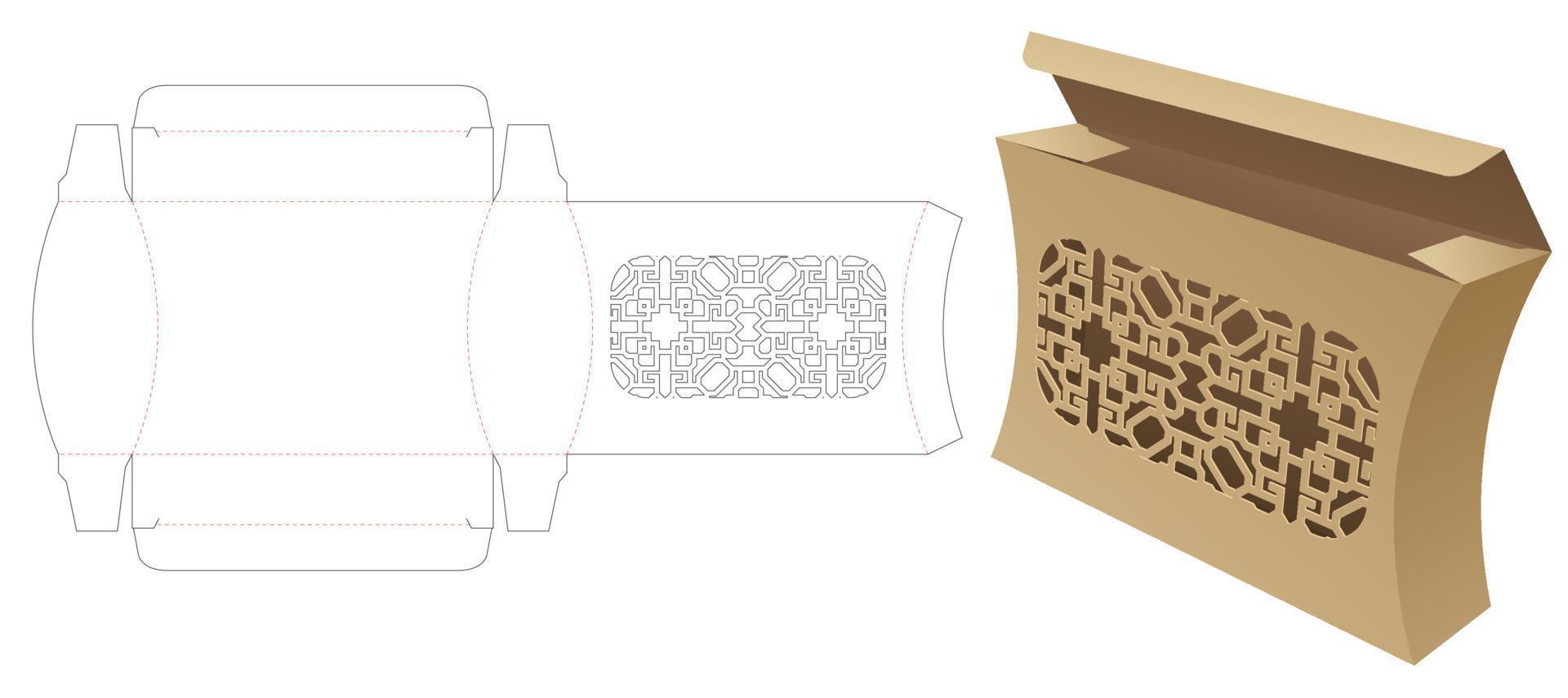 Curved box with stenciled pattern die cut template and 3D mockup vector